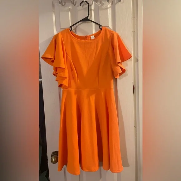 ROMWE Women's Stretchy A Line Swing Flared Orange Dress - Picture 2 of 4